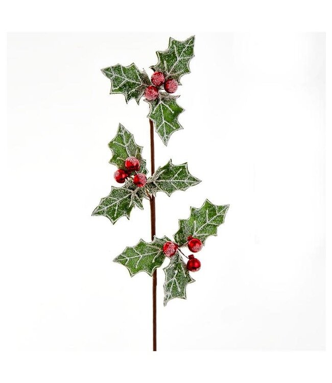 Glittered Holly With Red Berries Pick