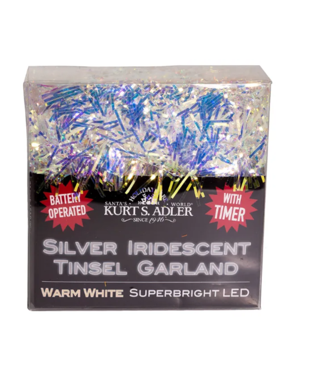 20-Light Battery-Operated Warm White Superbright LED Silver Iridescent Tinsel