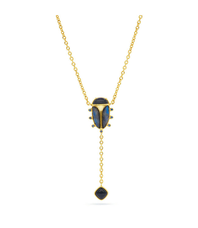 Scarab Lariat Necklace - Blue Labradorite/Black Agate