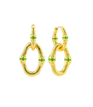 Bangkok Bamboo Link Earrings - Gold/Green Enamel