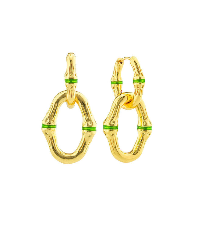 Bangkok Bamboo Link Earrings - Gold/Green Enamel