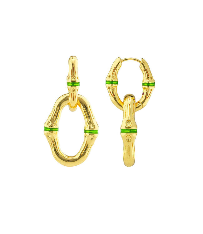 Bangkok Bamboo Link Earrings - Gold/Green Enamel