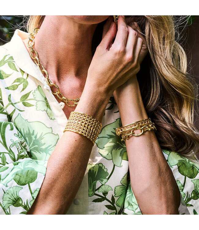 Bangkok Bamboo Link Bracelet, 7.25" - Gold/Green Enamel