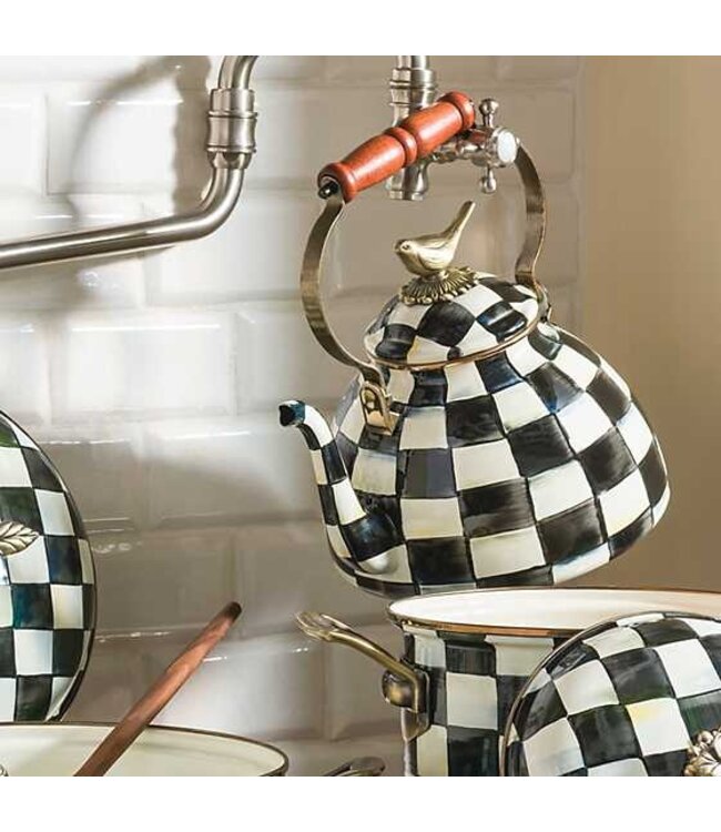 MACKENZIE CHILDS Courtly Check 3 Quart Tea Kettle with Bird