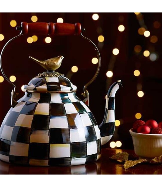MACKENZIE CHILDS Courtly Check 3 Quart Tea Kettle with Bird