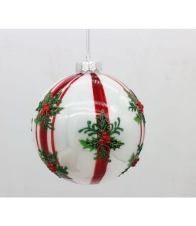 5" Glass Pearlized Holly/Stripe Ball Ornament