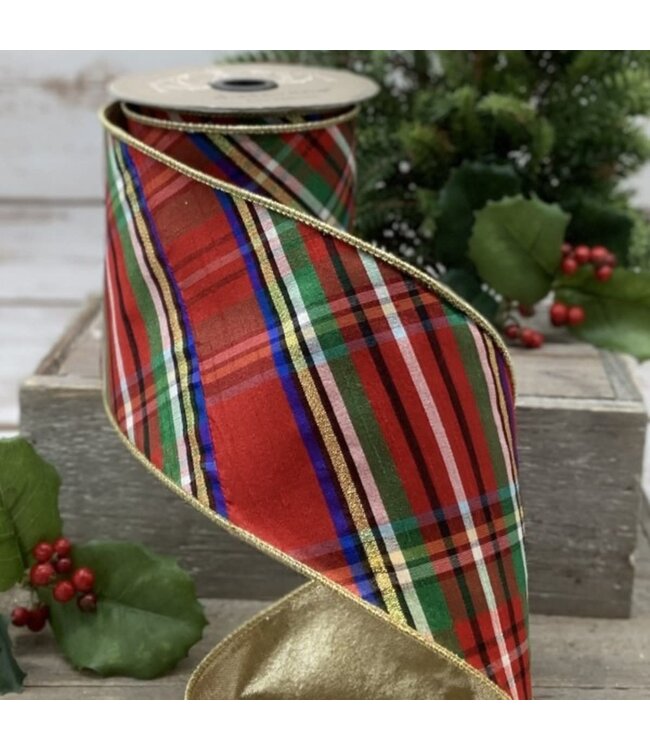 4" x 10yds Faux Dupion Diagonal Nutcracker Plaid Gold Back, Blue-Gold-Red