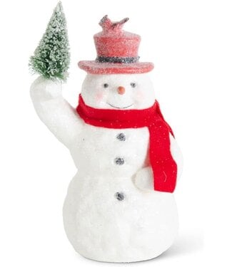 10.25 Inch Sugar Glittered Snowman Holding Tree With Red Top Hat