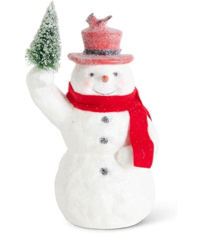 10.25 Inch Sugar Glittered Snowman Holding Tree With Red Top Hat