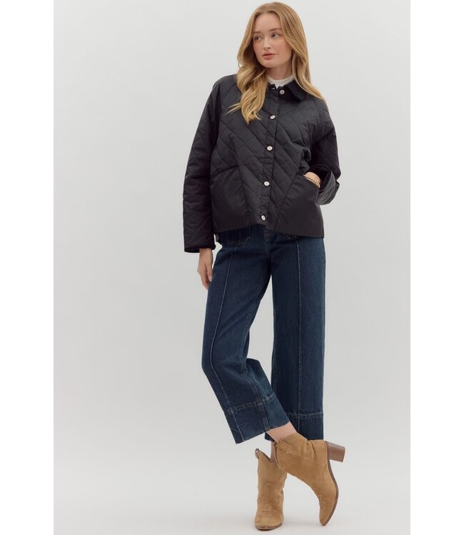 Janine Solid Diamond Pattern Quilted Long Sleeve Jacket