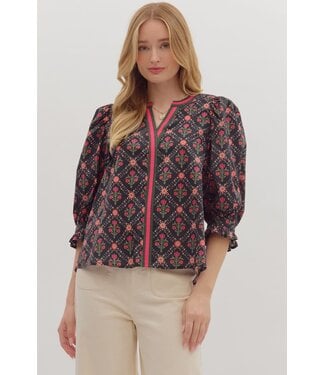 Irene Botanical Print ¾ Sleeve Top