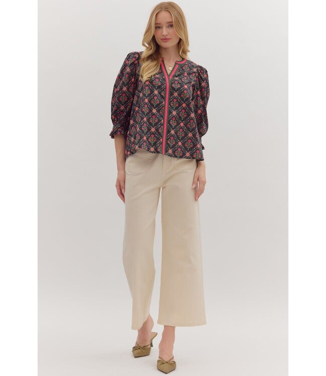 Irene Botanical Print ¾ Sleeve Top