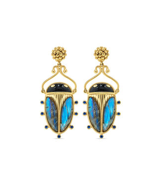 Scarab Berry Drop Earrings - Blue Labradorite/Black Agate