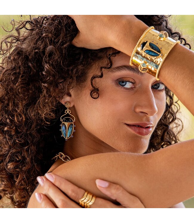 Scarab Berry Drop Earrings - Blue Labradorite/Black Agate