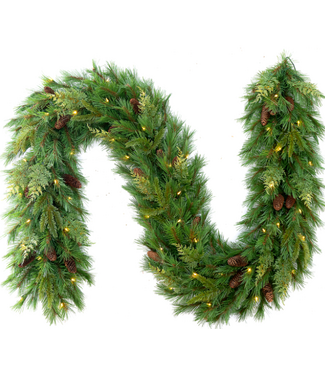Warm White Prickly Pine Garland with Big Seed Cluster Lights 6'L x 14"