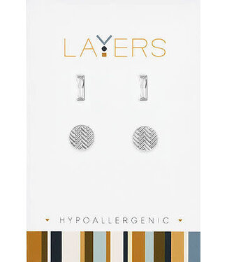 Silver Rectangular CZ & Trax Circle Duo Pair Stud Layers Earrings
