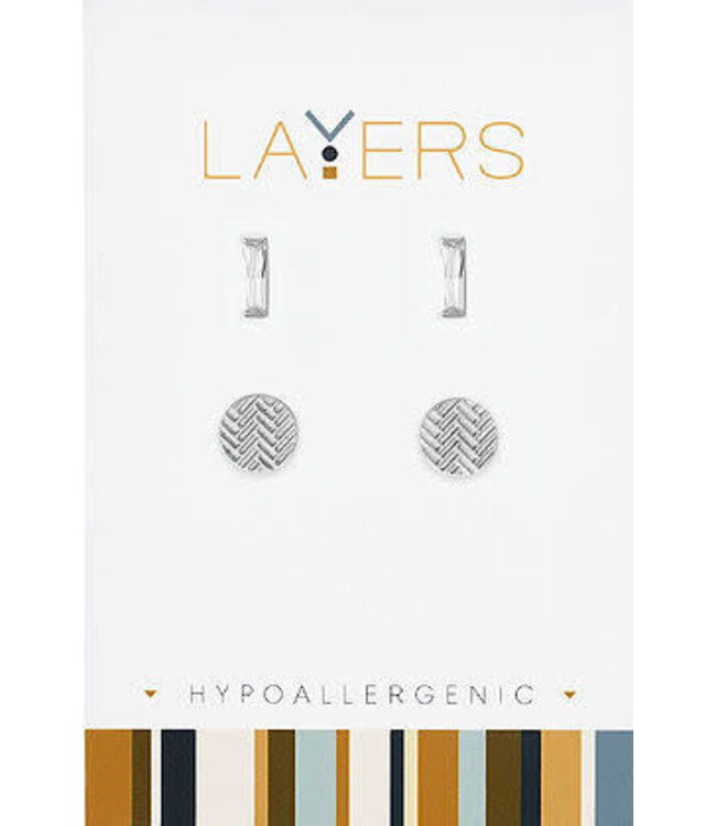 Silver Rectangular CZ & Trax Circle Duo Pair Stud Layers Earrings