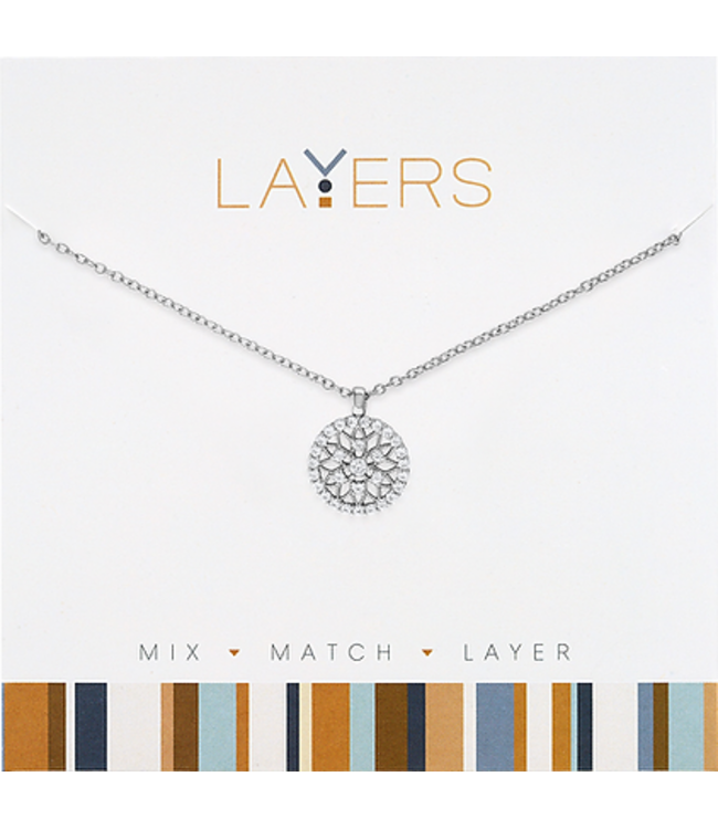 Silver Round Star Cut-out CZ Layers Necklace