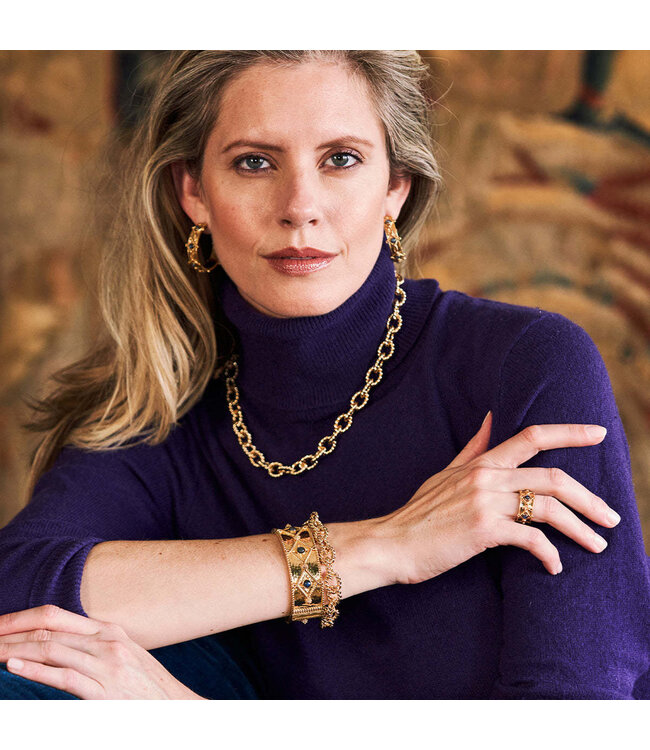 Victoria Hinged Bangle Gold Blue Labradorite