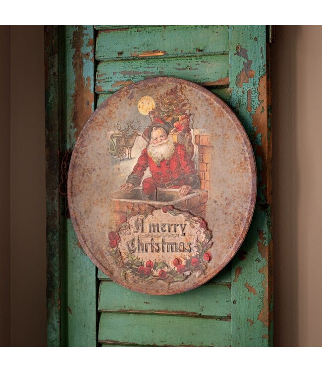 Merry Christmas Santa Embossed Round Metal Sign