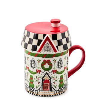 MACKENZIE CHILDS Holly Village Ceramic Lidded Mug