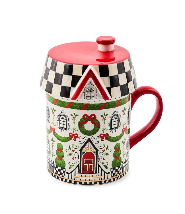 MACKENZIE CHILDS Holly Village Ceramic Lidded Mug
