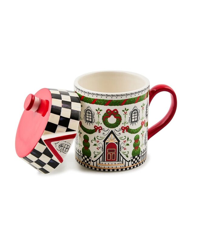 MACKENZIE CHILDS Holly Village Ceramic Lidded Mug