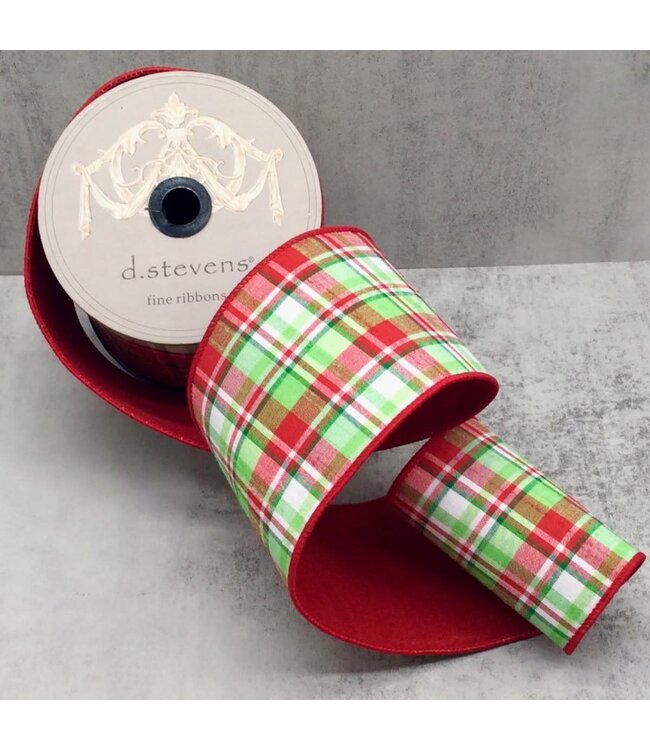 4” X 10YDS Dupion Jackson Plaid Red Back, Red Apple Green White