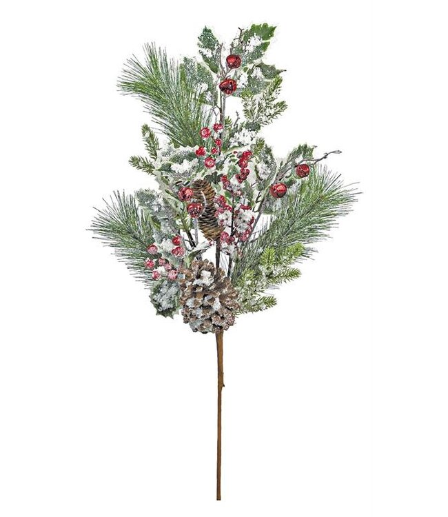 30” Snowy Long Needle & Holly Leaf Spray With Berries & Bells