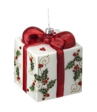 5" Glass Gift Box With Holly Ornament