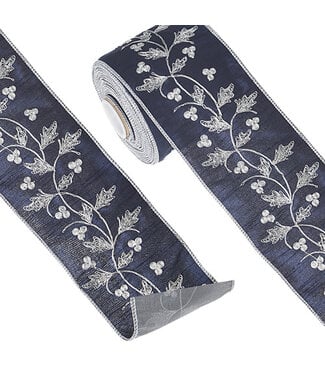 4" X 10 Yds Holly and Berry Embroidered Wired Ribb