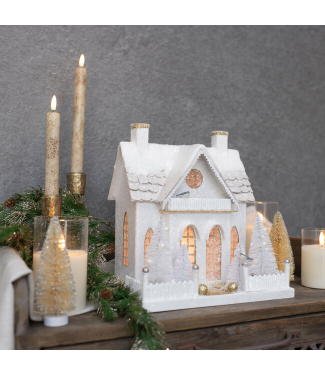 Snow Covered Cottage with Bottlebrush Trees