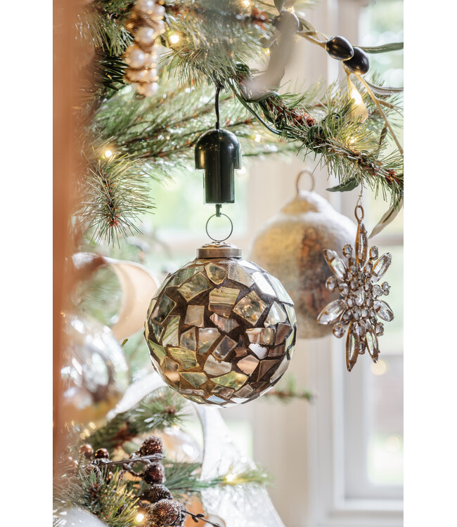 4” Crackle Mosaic Glass Ball Ornament Antique Silver