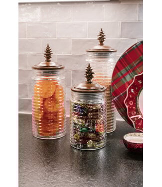 Ribbed Clear Glass Containers w/Brown Resin Pinecone - Set of 3