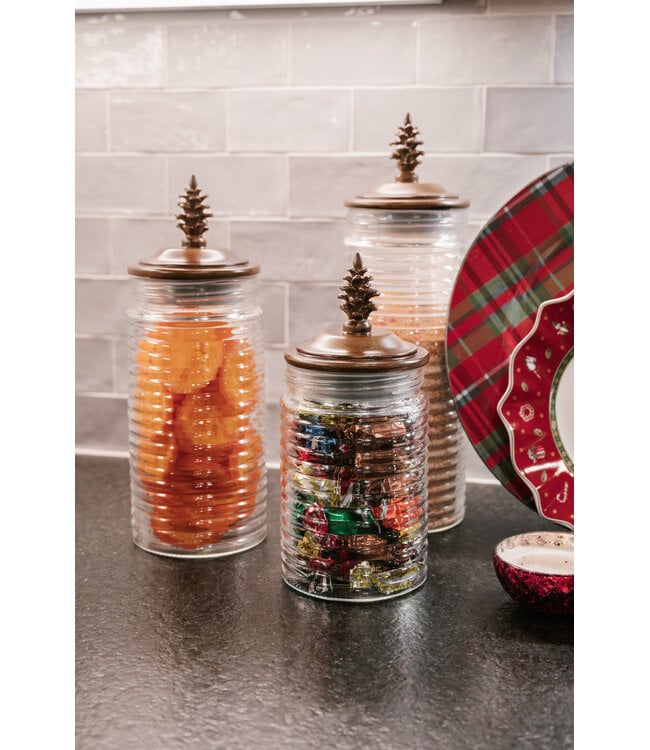 Ribbed Clear Glass Containers w/Brown Resin Pinecone - Set of 3