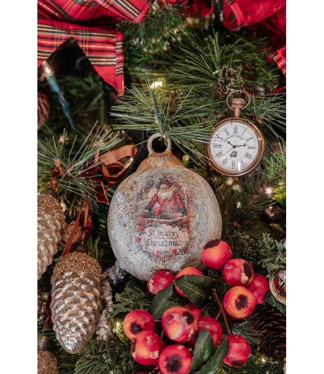 6" Merry Christmas Santa Metal Ball Ornament