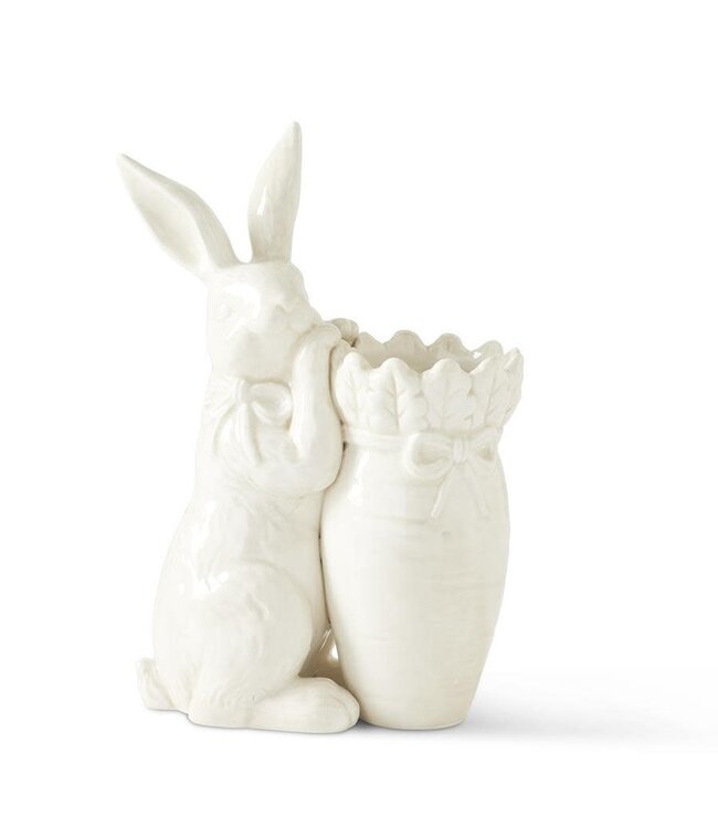 9 Inch Antiqued White Dolomite Carrot Vase with Rabbit