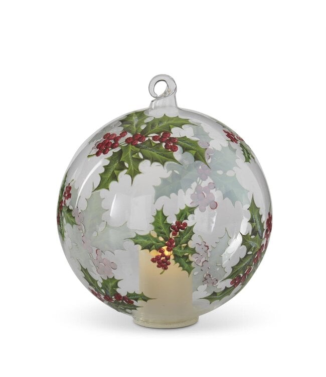 6 Inch LED Clear Glass Holly Ornament w/Timer
