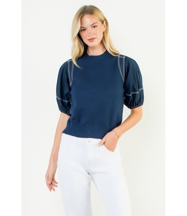 Jane Poplin Puff Sleeve Knit Top
