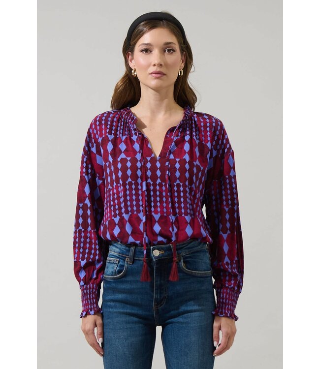 Ramsay Abstract Weylin Split Neck Tassel Blouse