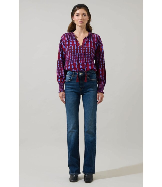 Ramsay Abstract Weylin Split Neck Tassel Blouse