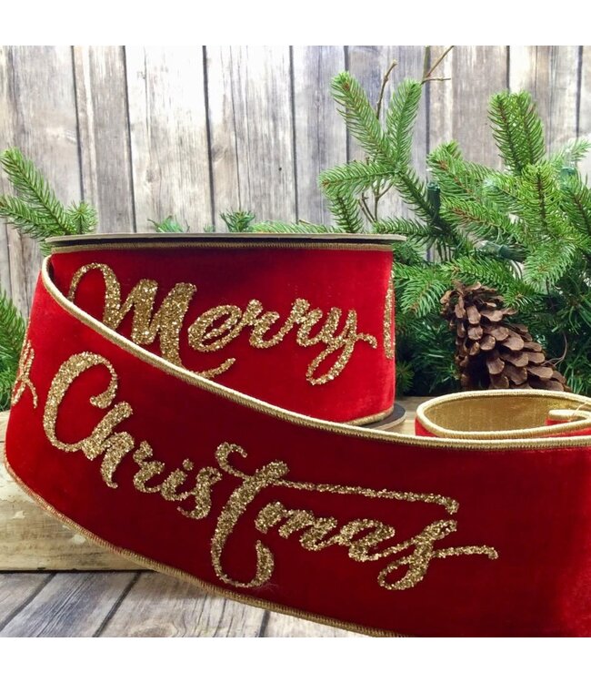 4" x 10yds Velvet Gold Glitter Merry Christmas, Red
