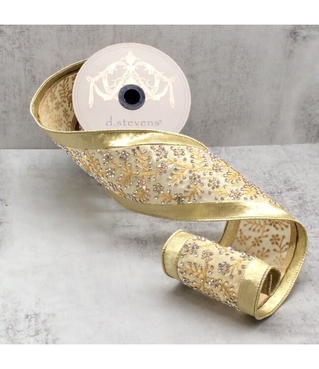 4" x 5yds Metallic Dupion Clear Crystal Branch Center Trim, Gold