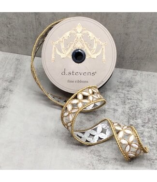 1.5"x 10yds Metallic Floral, Silver Gold