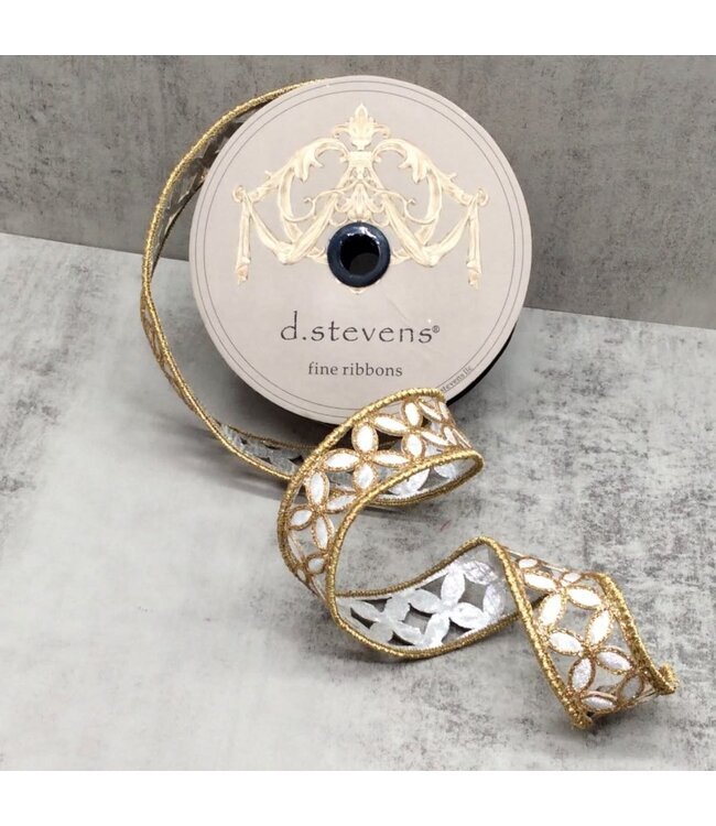 1.5"x 10yds Metallic Floral, Silver Gold