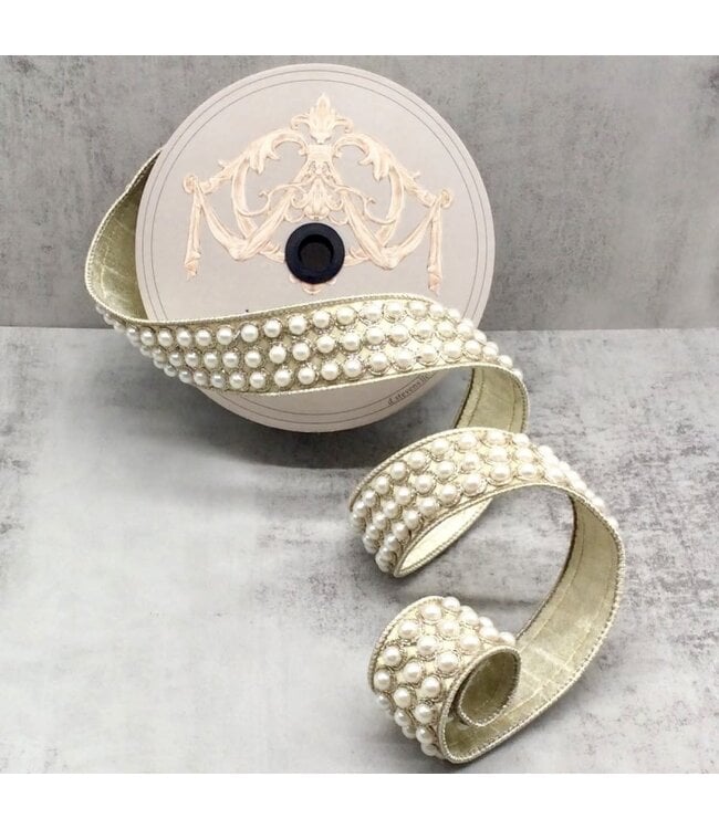 1.5" x 5yds Metallic Dupion Pearls Trim, Platinum