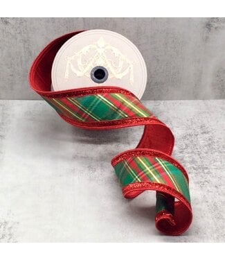 2.5" x 10yds Dupion Diagonal Plaid, Red Green Gold