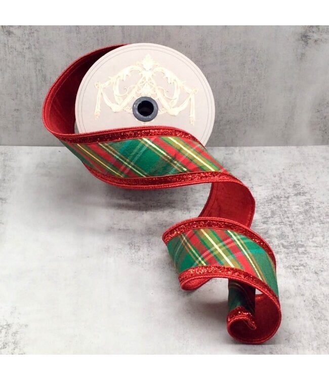 2.5" x 10yds Dupion Diagonal Plaid, Red Green Gold