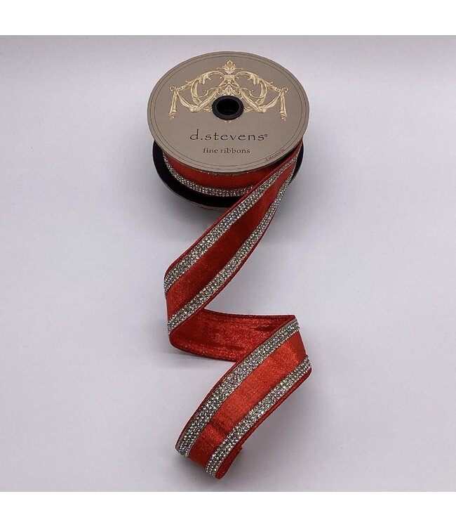 1.5" x 5yds Metallic Dupion Clear Crystal Jewel Stripe, Red