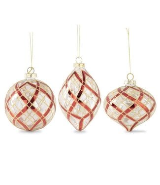 Clear Glass Ornament with Glittered Red & Gold Plaid - Sold Individually